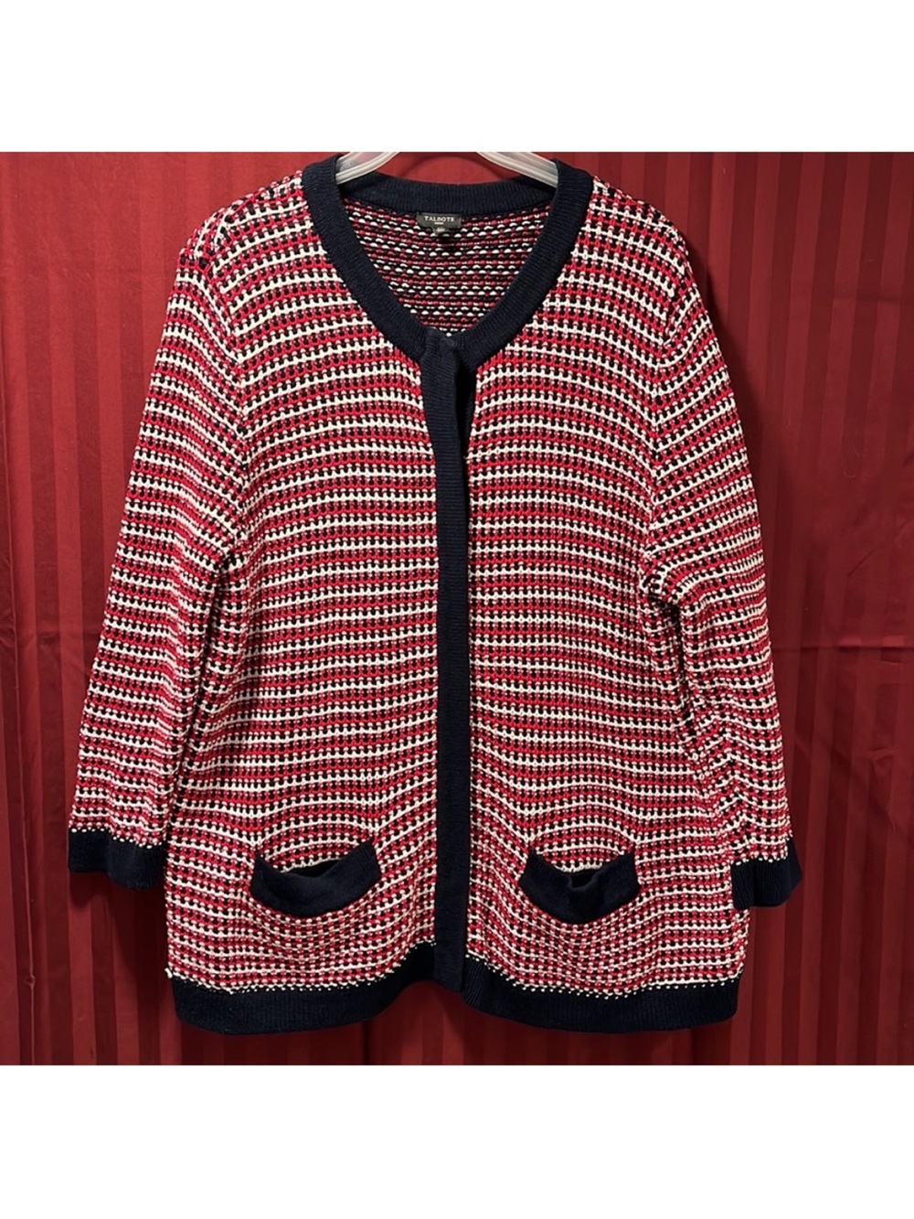 Talbots Nautical Red and Navy Open-Button Front Crochet Knit Cardigan Size 2X